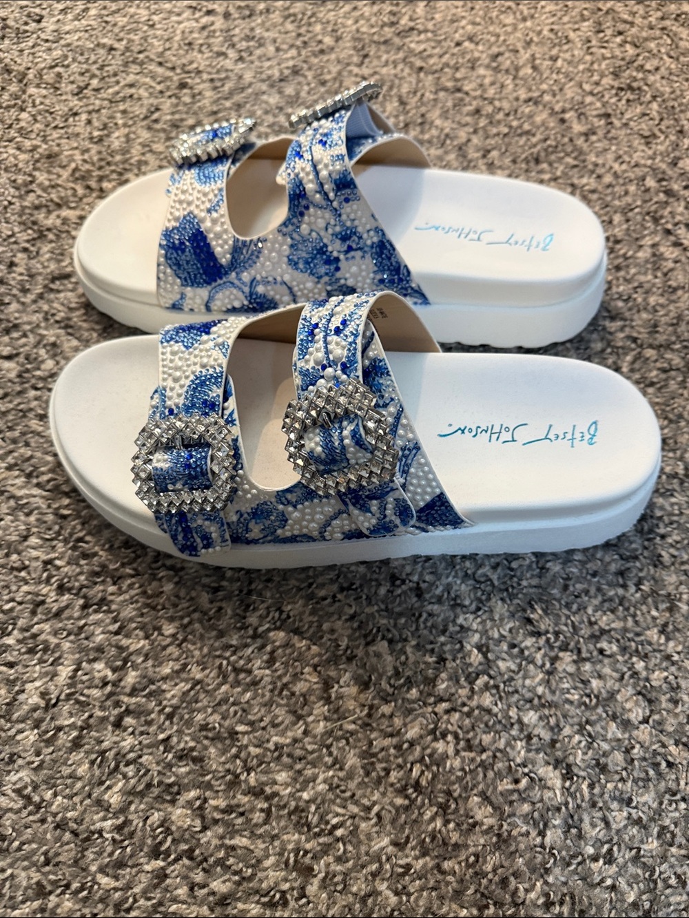 Betsey Johnson White and Blue Pearl Embellished Double Buckle Slide Sandals - Picture 2 of 5